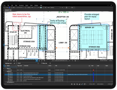 Bluebeam Revu エンジニアリング建設ソフトウェアのマークアップリストとマークアップ図面