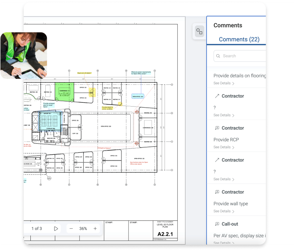 マークアップとコメント付きの図面プランを表示する Bluebeam Cloud エンジニアリング建設ソフトウェアインターフェイス