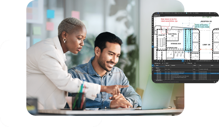 Two coworkers working with Revu, with an overlay of their screen