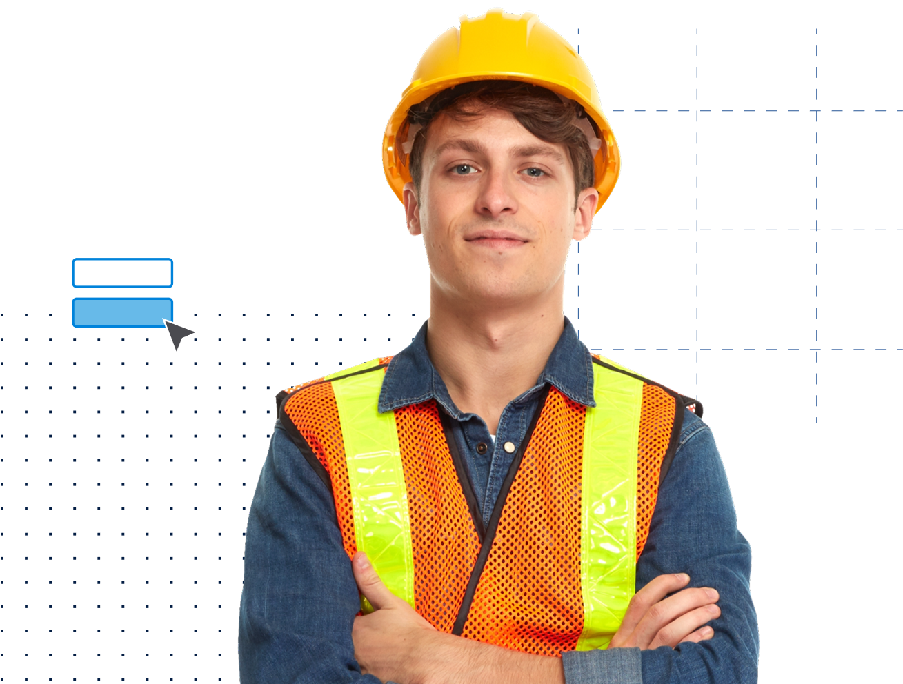 Construction worker with arms folded and decorative markups behind him