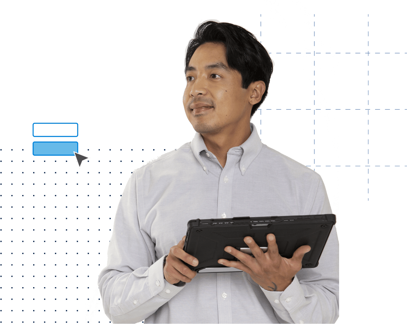 Mann arbeitet am Tablet, im Hintergrund die Benutzeroberfläche von Bluebeam