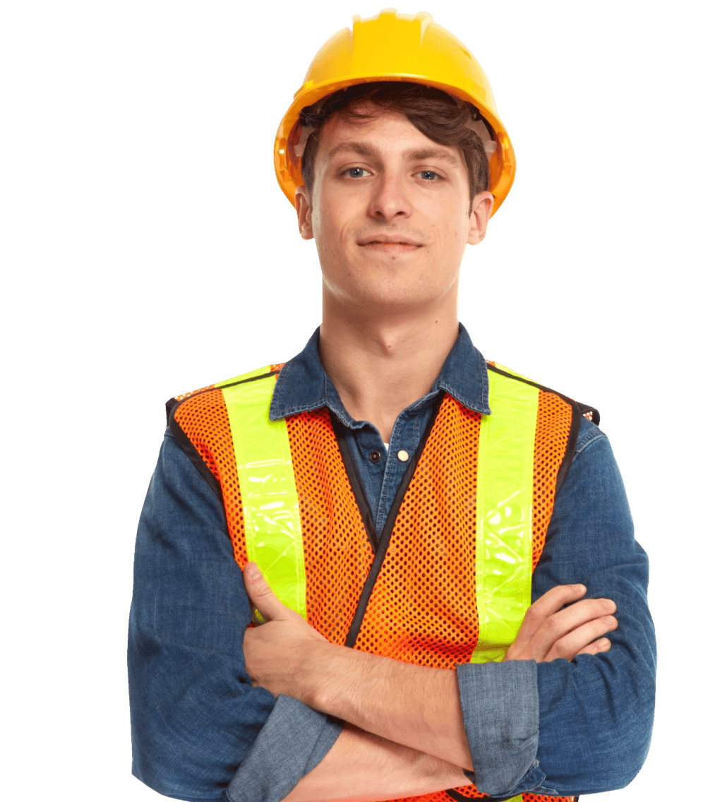 Smiling construction worker with arms crossed