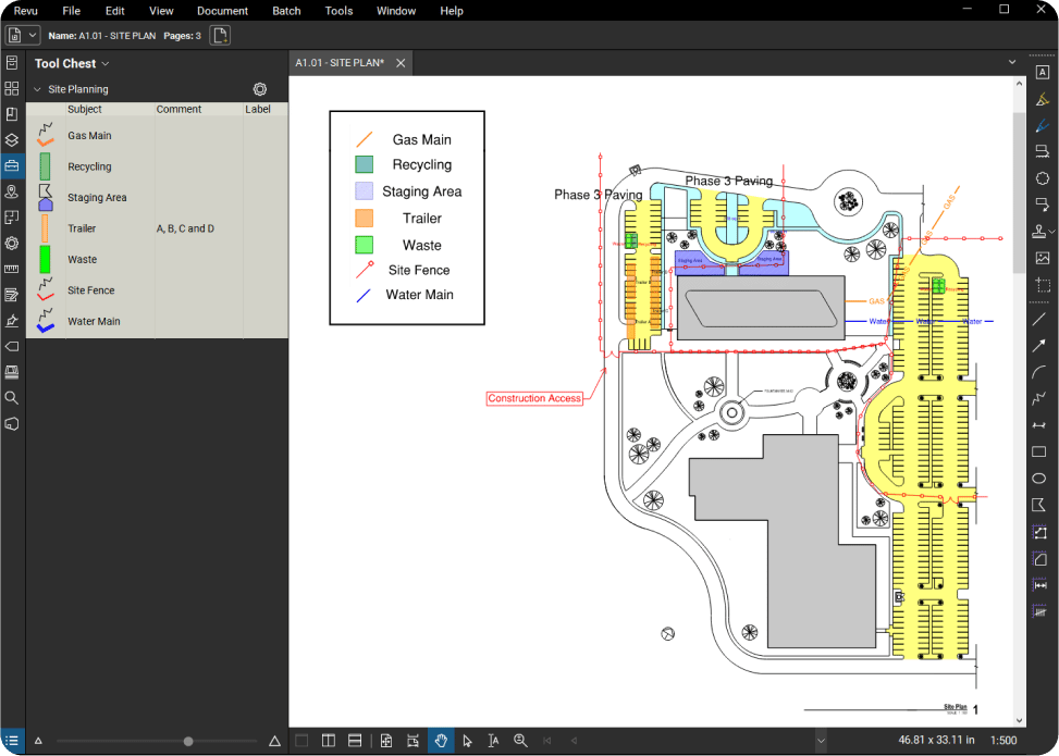 Bausoftware für die Baustellenlogistik, Baustellenlogistikplan in Revu
