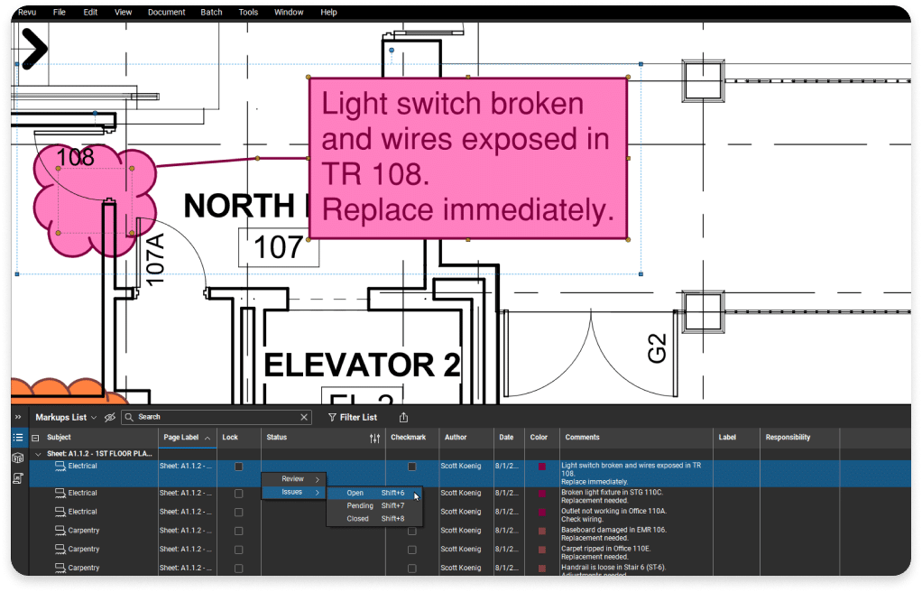 Punch on construction drawing with metadata on software interface
